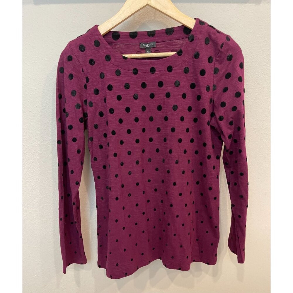 Talbots NWT Pullover Long Sleeve Purple Shirt Medium Petite Black Velvet Dot - Picture 1 of 6